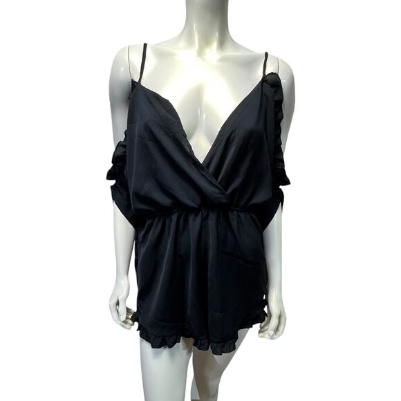 Salt + Jade Black Cold Shoulder Ruffle Romper Wrap Front Party Summer Large - Picture 7 of 12